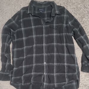 American Eagle Outfitters Black and Gray Plaid Casual Button Down Shirt